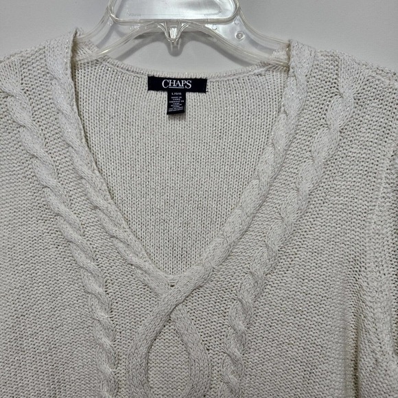 Vintage Ralph Lauren Chaps Womens Cable Knit Sweater Vneck Ivory w Sparkle Large - Picture 4 of 6
